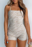 Khaki Sexy Print Patchwork Spaghetti Strap Skinny Rompers