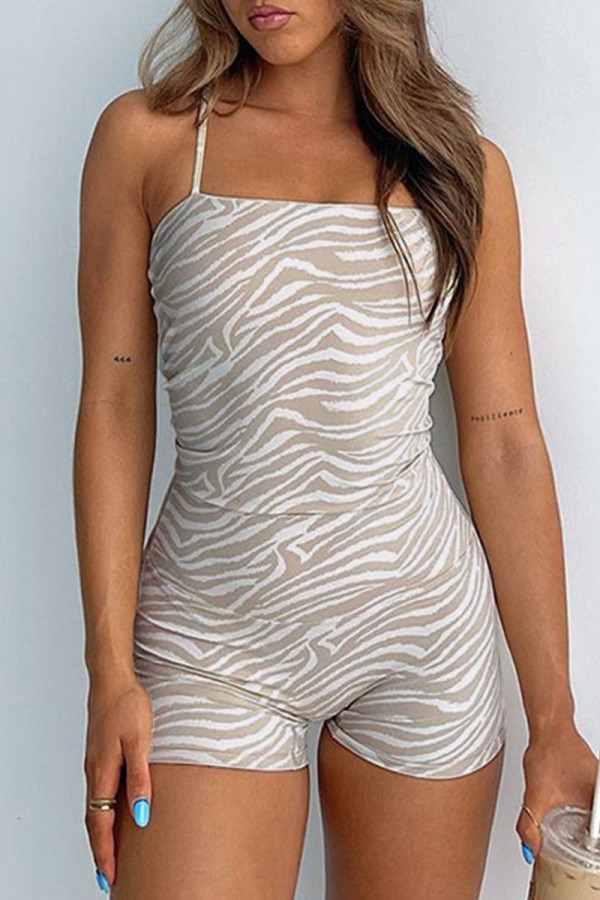 Khaki Sexy Print Patchwork Spaghetti Strap Skinny Rompers