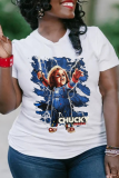 White Daily Character Print Patchwork O Neck T-Shirts