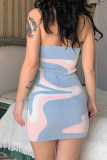 Blue Sexy Print Patchwork Halter Pencil Skirt Dresses