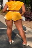 Yellow Street Patchwork Tie-dye O Neck Short Sleeve Two Pieces
