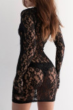 Black Sexy Solid Patchwork See-through V Neck Pencil Skirt Dresses