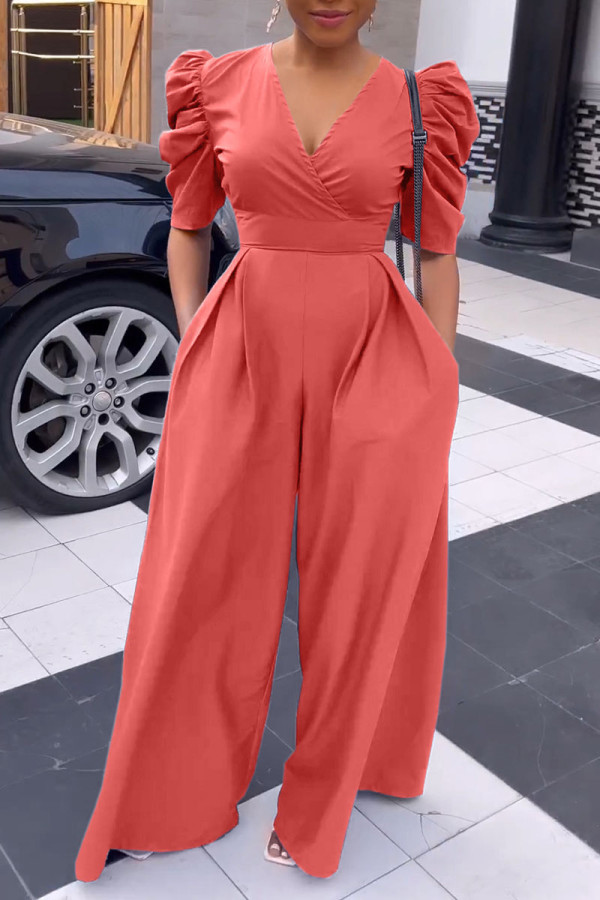 Watermelon Red Casual Solid Patchwork Fold V Neck Straight Jumpsuits
