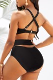 Black Sexy Print Hollowed Out Patchwork Backless Swimwears (With Paddings)