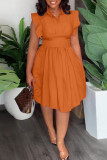 Orange Casual Sweet Solid Patchwork Fold Turndown Collar A Line Dresses