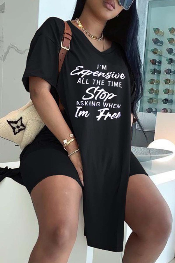 Black Casual Letter Print Slit V Neck Short Sleeve Two Pieces
