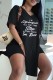 Black Casual Letter Print Slit V Neck Short Sleeve Two Pieces