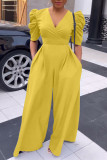 Watermelon Red Casual Solid Patchwork Fold V Neck Straight Jumpsuits
