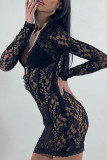 Black Sexy Solid Patchwork See-through V Neck Pencil Skirt Dresses