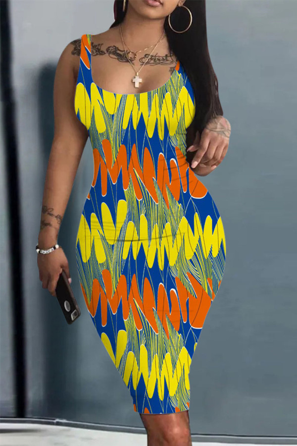Yellow Blue Casual Print Patchwork U Neck One Step Skirt Dresses
