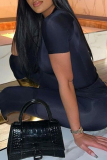 Black Sexy Solid Patchwork Half A Turtleneck Short Sleeve Two Pieces