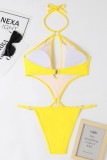 Yellow Sexy Solid Bandage Hollowed Out Backless Swimwears (With Paddings)