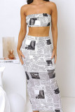 Gray White Sexy Print Patchwork Strapless Sleeveless Two Pieces