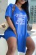 Blue Casual Letter Print Slit V Neck Short Sleeve Two Pieces