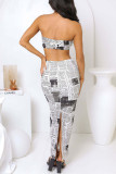 Gray White Sexy Print Patchwork Strapless Sleeveless Two Pieces