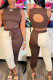 Brown Sexy Solid Hollowed Out Patchwork Backless Asymmetrical O Neck Sleeveless Two Pieces