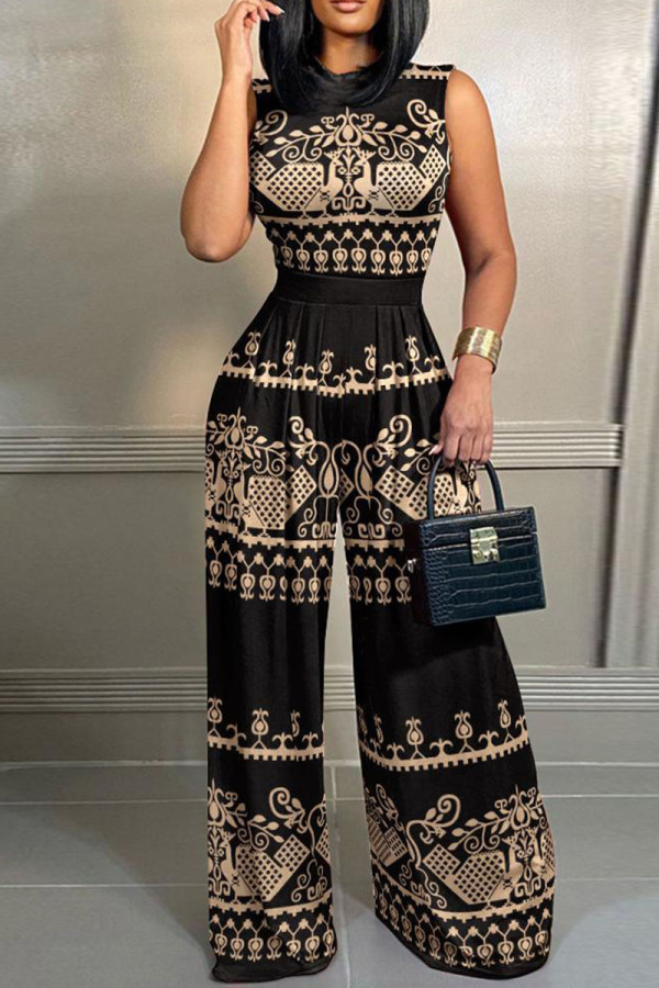 Black Casual Street Print Patchwork O Neck Sleeveless Two Pieces