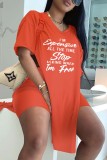 Pink Casual Letter Print Slit V Neck Short Sleeve Two Pieces