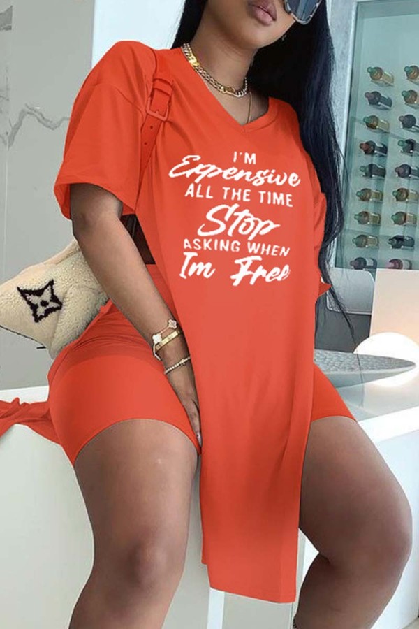 Orange Casual Letter Print Slit V Neck Short Sleeve Two Pieces