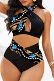 Black Sexy Print Hollowed Out Patchwork Backless Swimwears (With Paddings)