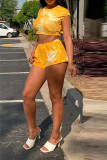 Yellow Street Patchwork Tie-dye O Neck Short Sleeve Two Pieces