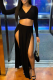 Black Casual Solid High Opening V Neck Long Sleeve Two Pieces