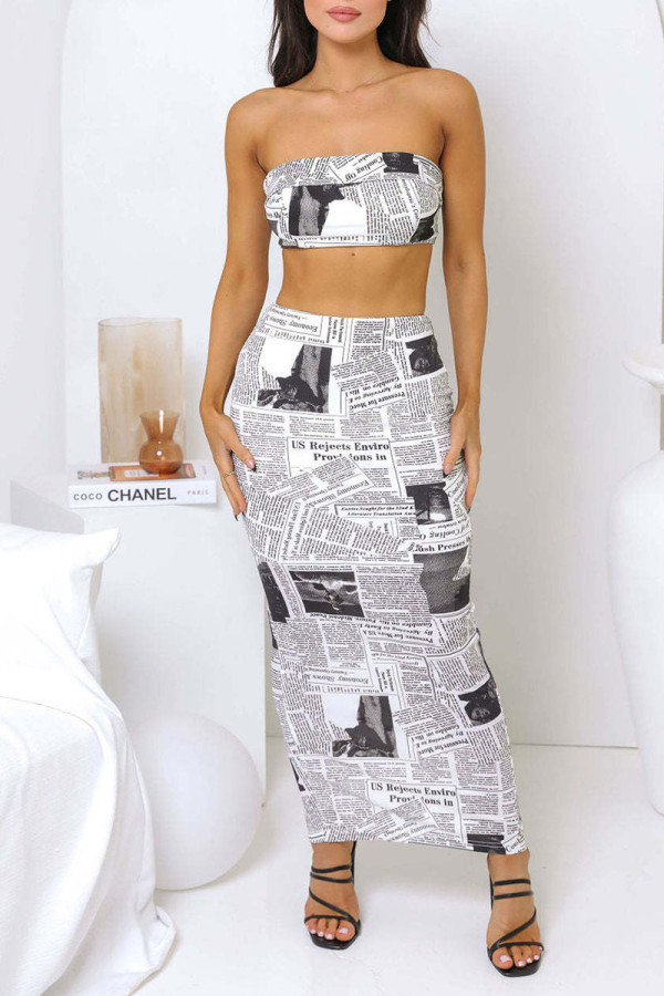 Gray White Sexy Print Patchwork Strapless Sleeveless Two Pieces