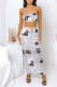 Gray White Sexy Print Patchwork Strapless Sleeveless Two Pieces
