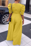 Watermelon Red Casual Solid Patchwork Fold V Neck Straight Jumpsuits