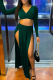 Ink Green Casual Solid High Opening V Neck Long Sleeve Two Pieces