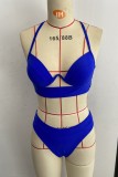 Blue Sexy Solid Backless Cross Straps Swimwears (With Paddings)