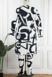 Gray White Casual Print Camouflage Print Bandage Patchwork Asymmetrical O Neck Plus Size Two Pieces