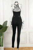 Blue Sexy Hot Drilling Sequined Halter Skinny Jumpsuits