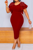 Rose Red Casual Elegant Solid Patchwork Flounce Beading O Neck One Step Skirt Dresses