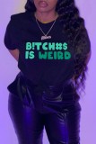 Black Casual Letter Print Basic O Neck T-Shirts