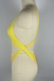 Yellow Sexy Gradual Change Print Hollowed Out Backless Swimwears (With Paddings)