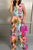 Red Casual Street Print Patchwork O Neck Sleeveless Two Pieces