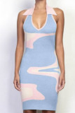 Blue Sexy Print Patchwork Halter Pencil Skirt Dresses