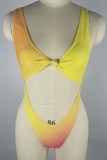 Yellow Sexy Gradual Change Print Hollowed Out Backless Swimwears (With Paddings)