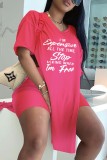 Pink Casual Letter Print Slit V Neck Short Sleeve Two Pieces