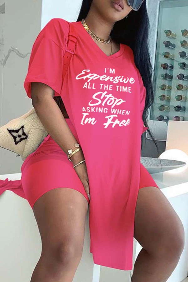 Pink Casual Letter Print Slit V Neck Short Sleeve Two Pieces