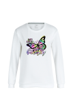 White Street Butterfly Print Patchwork O Neck Tops