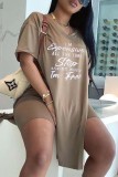 Pink Casual Letter Print Slit V Neck Short Sleeve Two Pieces