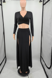 Deep Red Casual Solid High Opening V Neck Long Sleeve Two Pieces