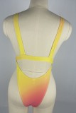 Yellow Sexy Gradual Change Print Hollowed Out Backless Swimwears (With Paddings)