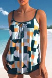 Blue Sexy Print Backless Swimwears (With Paddings)