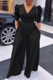 Watermelon Red Casual Solid Patchwork Fold V Neck Straight Jumpsuits