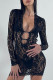 Black Sexy Solid Patchwork See-through V Neck Pencil Skirt Dresses