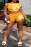 Yellow Street Patchwork Tie-dye O Neck Short Sleeve Two Pieces