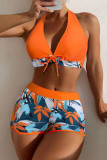 Orange Sexy Print Patchwork Swimwears